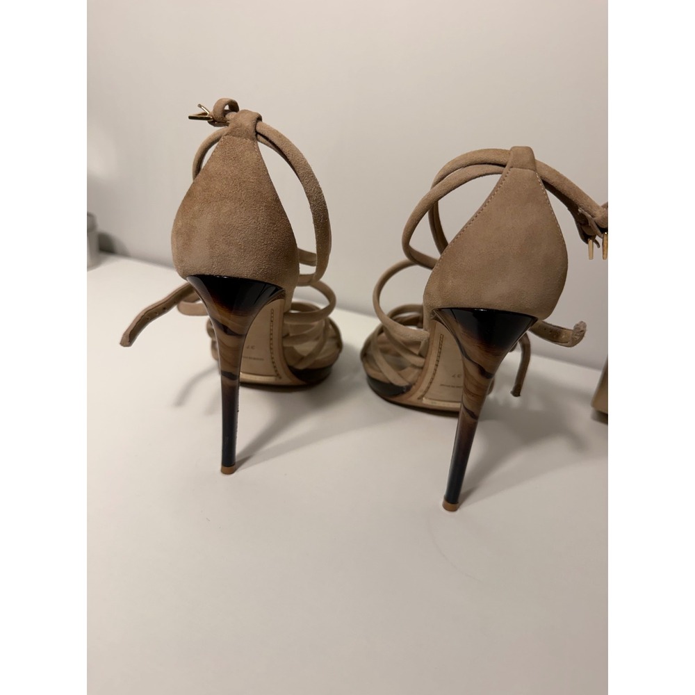 Burberry Tan Suede Strappy Stiletto Heels Caged Sandals Tortoise Heel 37 Box - Picture 4 of 7